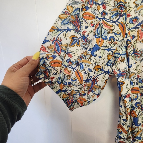 Boden Linen Blend Midi Dress Puff Sleeve A-Line Floral Boho Print V-Neck Size 14 - Picture 7 of 16